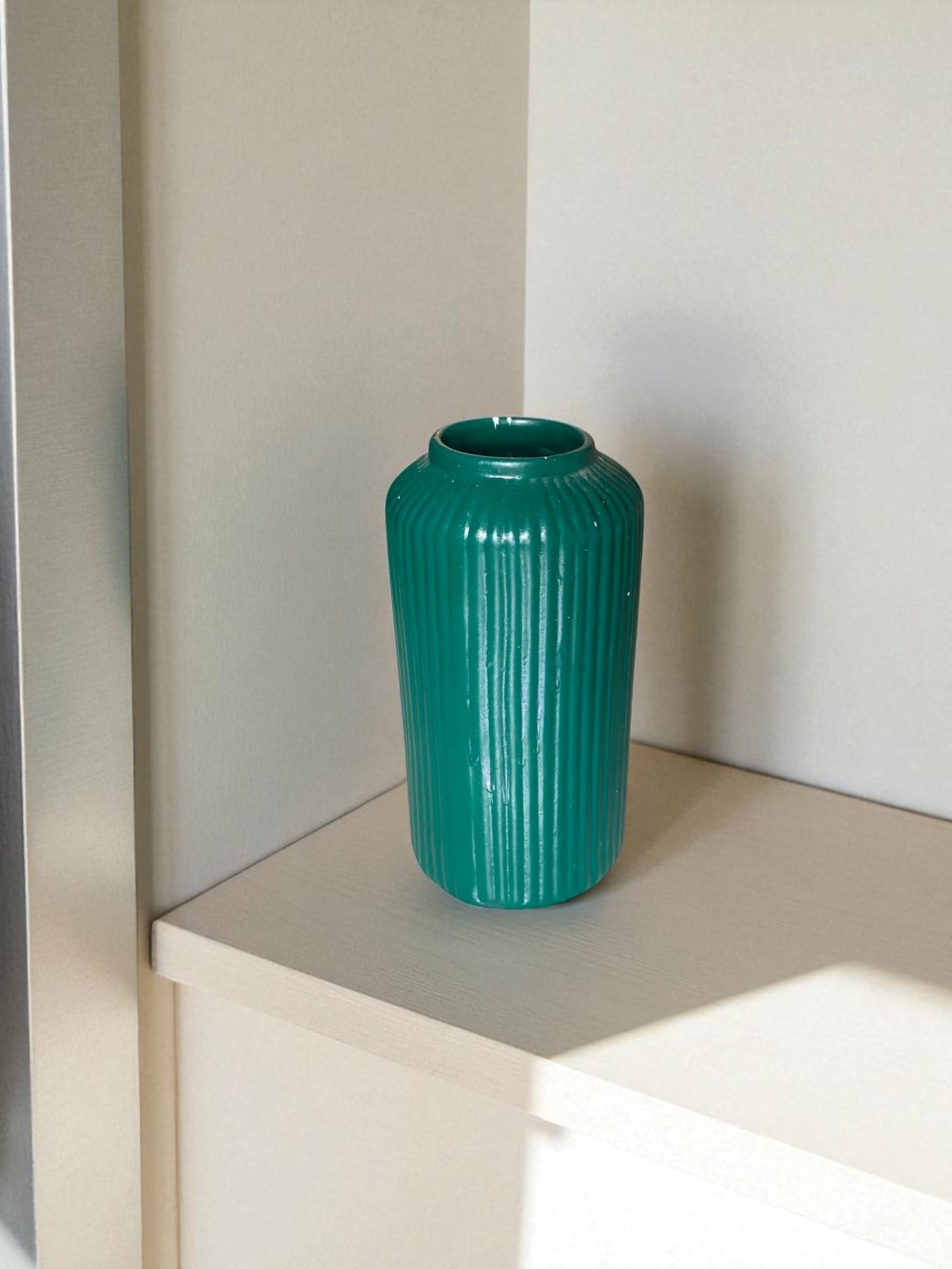 Modern Ceramic Decorative Vase, Teal Green, Ribbed Design