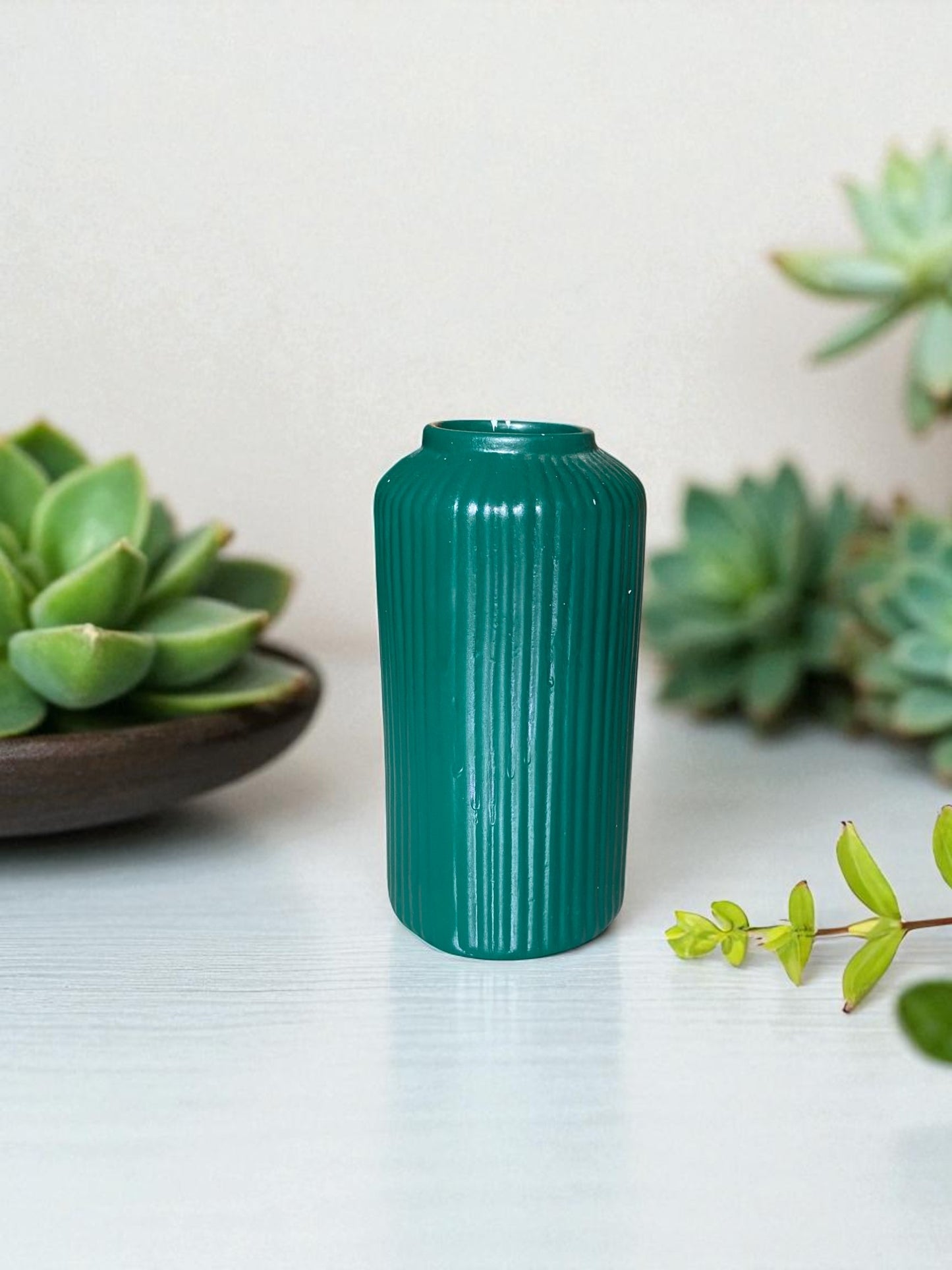 Modern Ceramic Decorative Vase, Teal Green, Ribbed Design