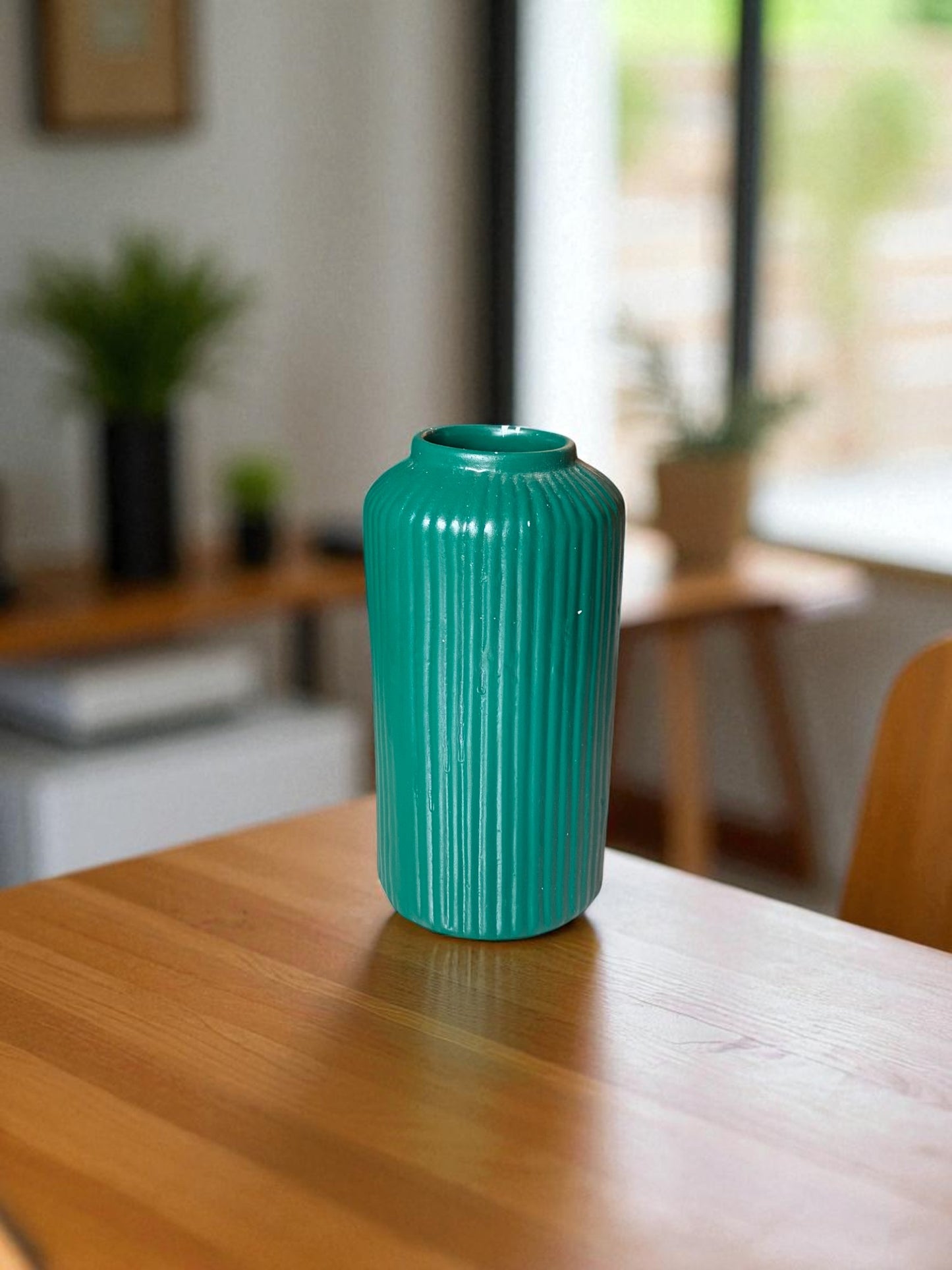 Modern Ceramic Decorative Vase, Teal Green, Ribbed Design