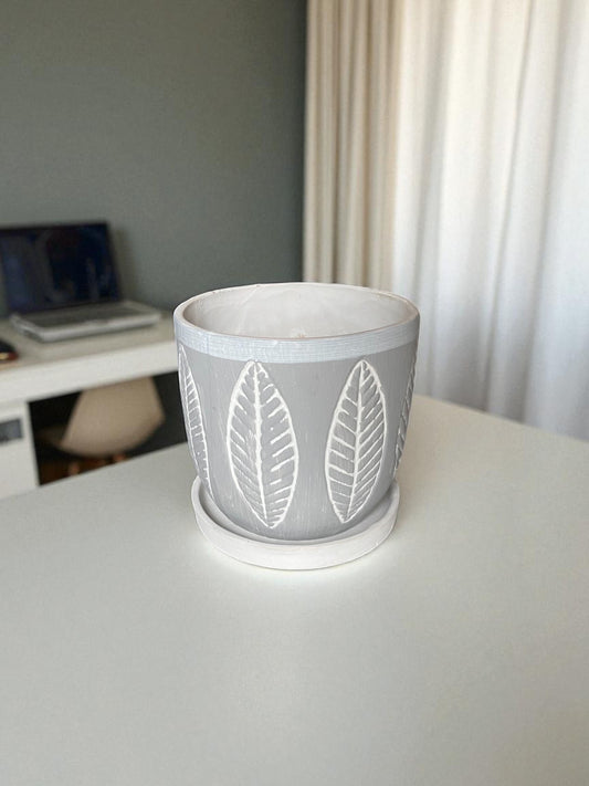 Decorative Ceramic Plant Pot with White Leaf Pattern, Grey and White, with Drainage Saucer