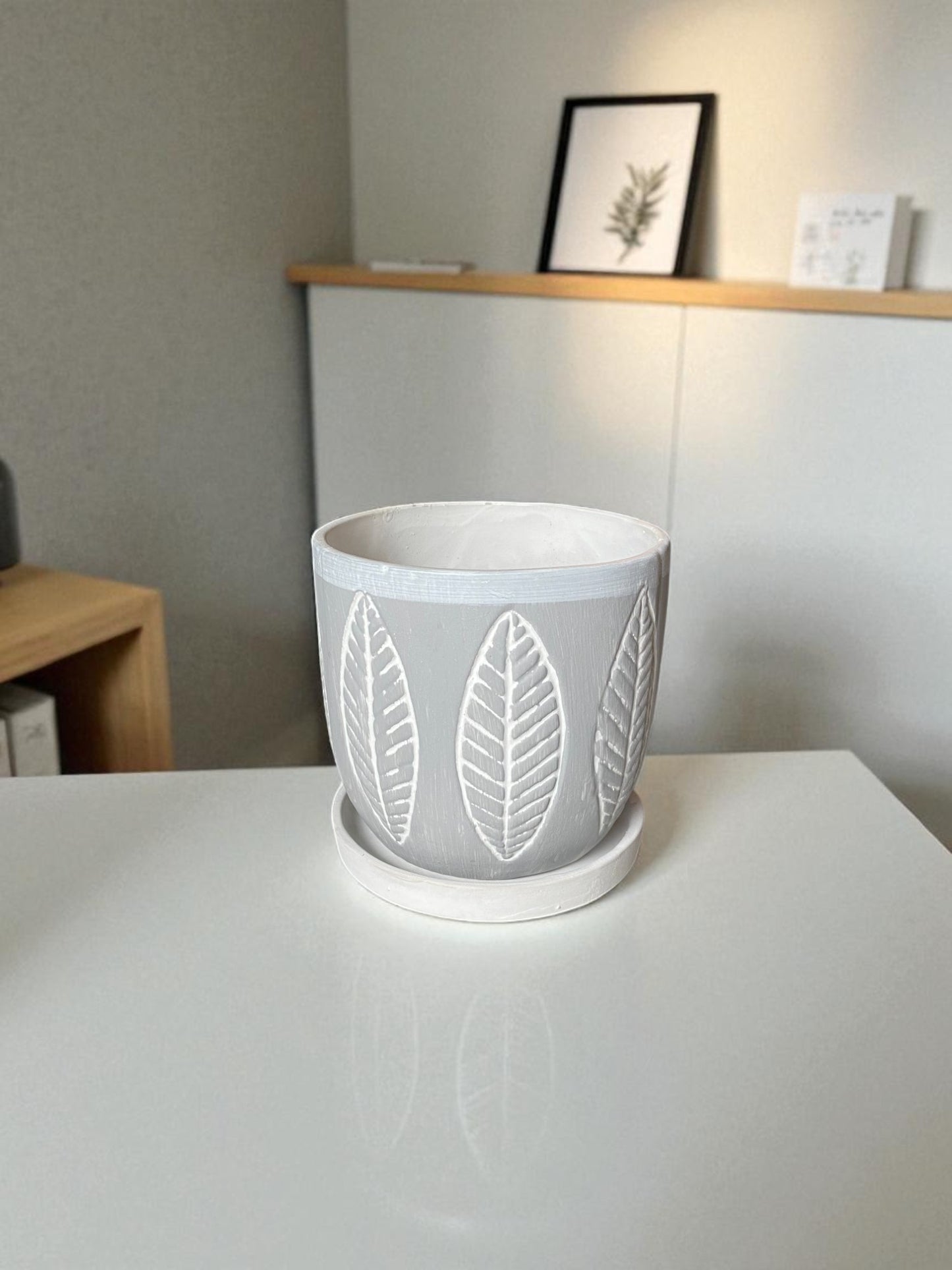 Decorative Ceramic Plant Pot with White Leaf Pattern, Grey and White, with Drainage Saucer
