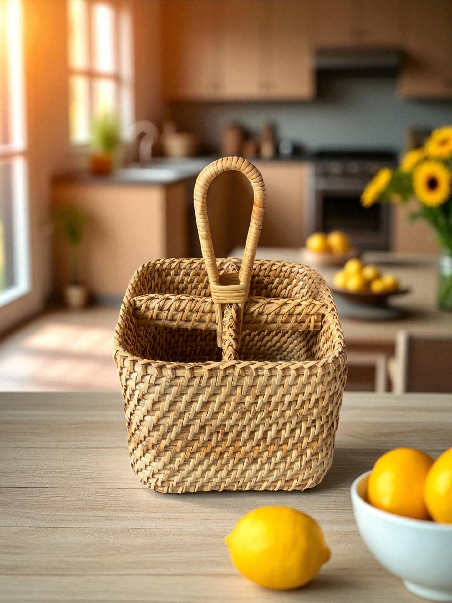 Handwoven Rattan Square Storage Basket with Handle, Natural Wicker