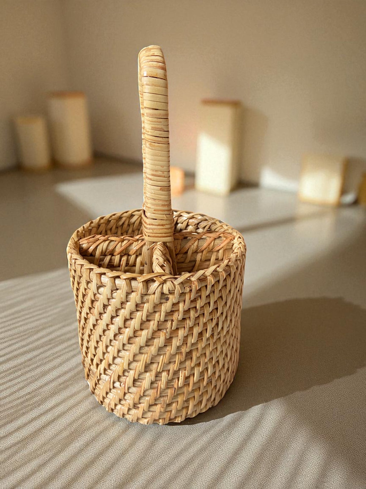 Handwoven Natural Rattan Round Storage Basket with Handle