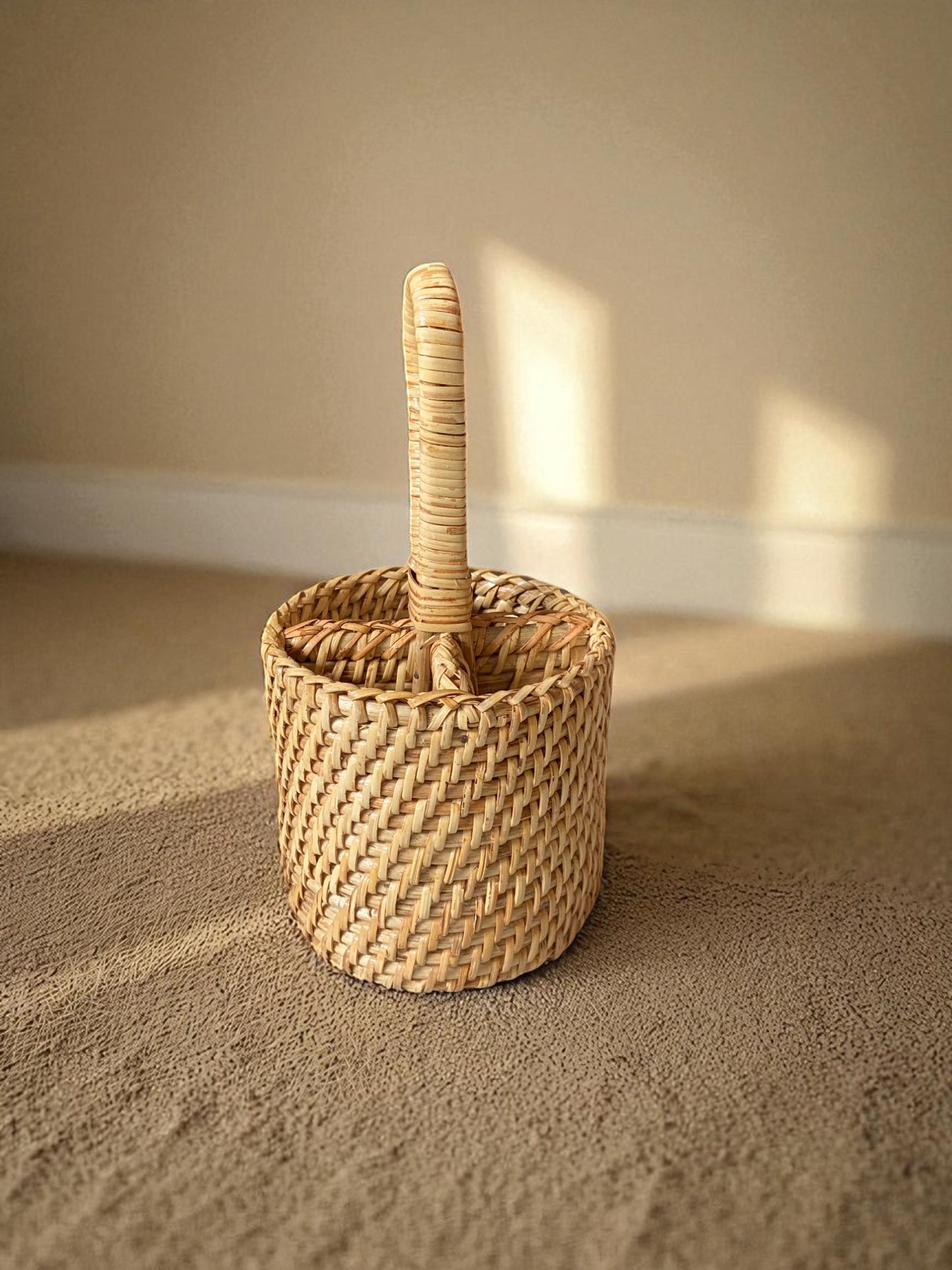 Handwoven Natural Rattan Round Storage Basket with Handle