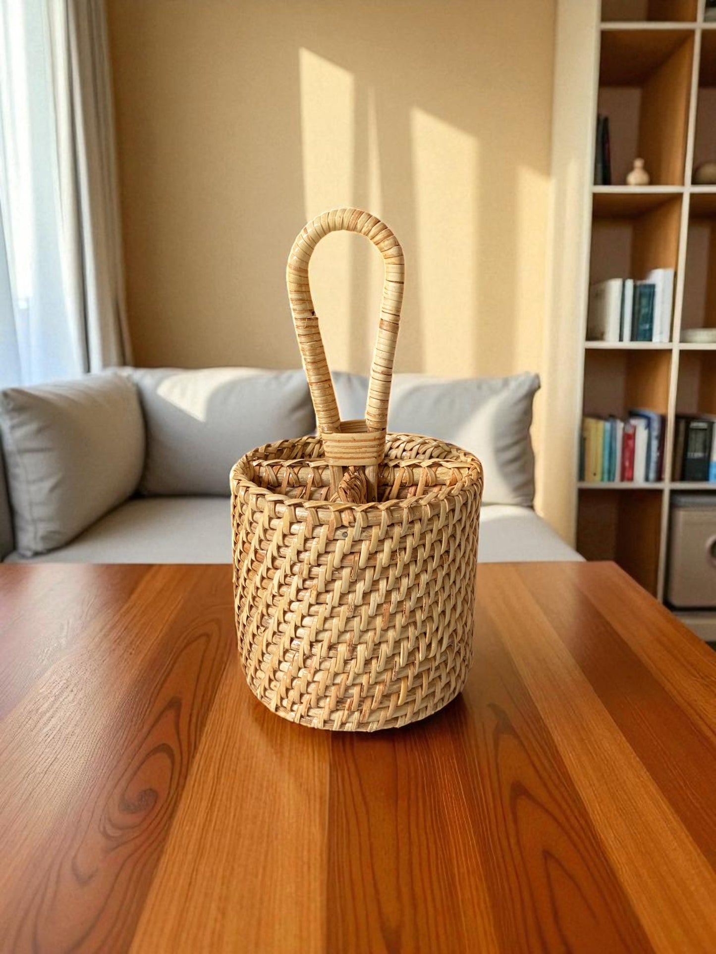 Handwoven Natural Rattan Round Storage Basket with Handle