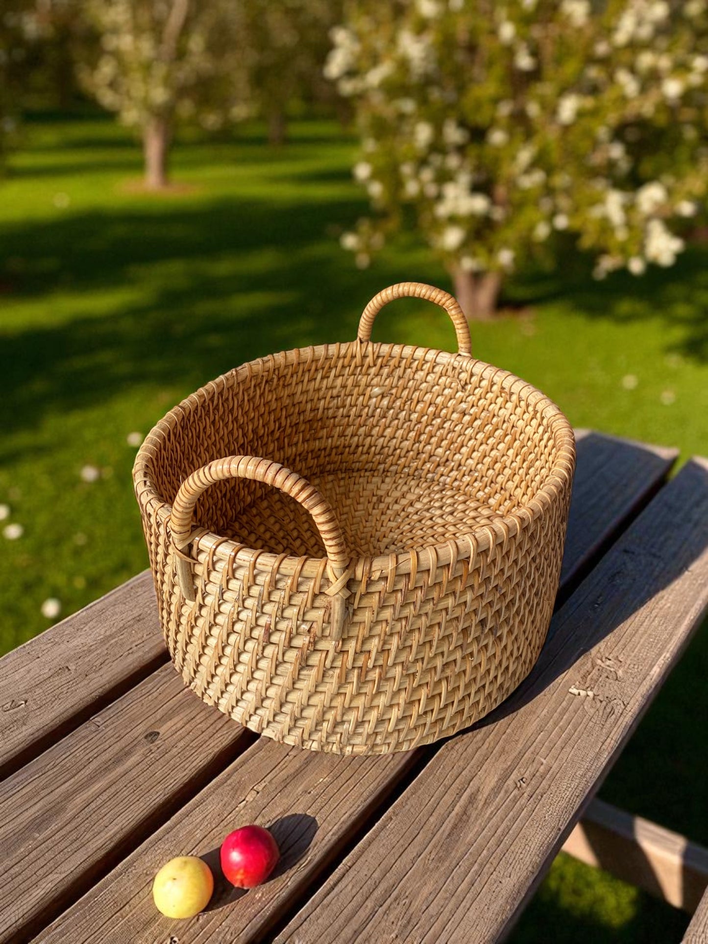 Handwoven Natural Rattan Storage Basket with Handles, Oval Decorative Wicker Container