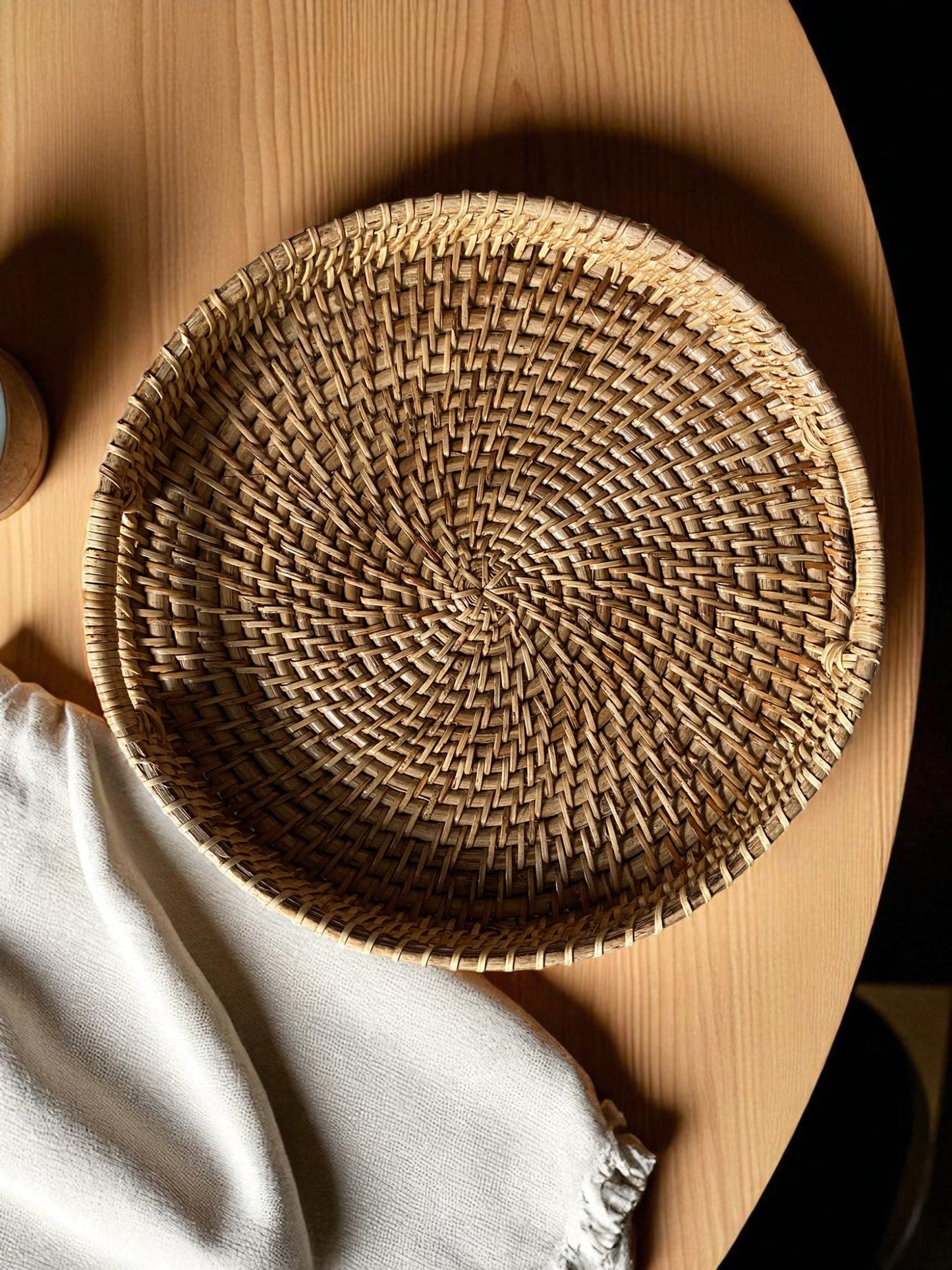 Handwoven Rattan Serving Tray, Natural Round Wicker Tray